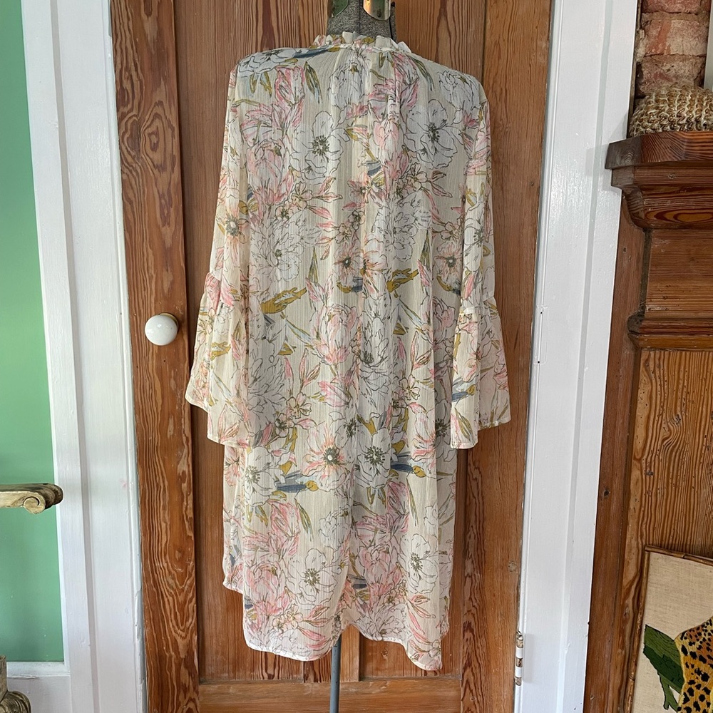 Lucky Brand Sheer Floral Cover Up Tunic Dress XL Ruffle Sleeve Boho Beach 💚🎀 - Picture 6 of 9